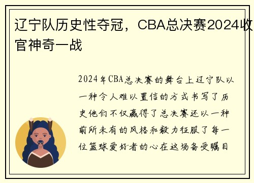 辽宁队历史性夺冠，CBA总决赛2024收官神奇一战
