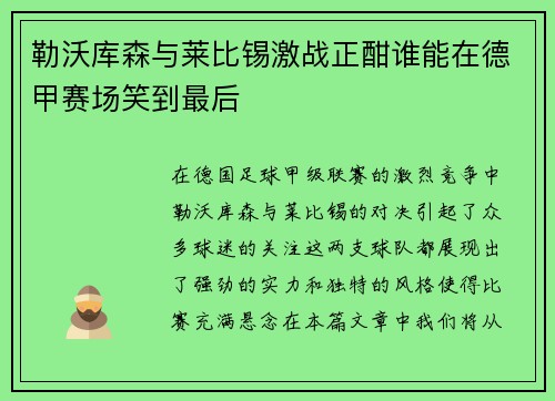 勒沃库森与莱比锡激战正酣谁能在德甲赛场笑到最后